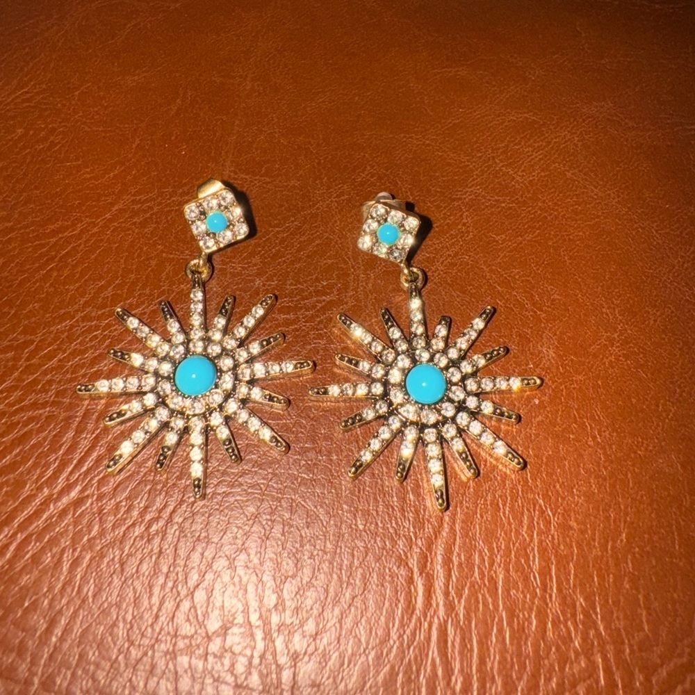 14k yellow gold plated Turquoise & Swarovski Crystal Accented Starburst Earrings